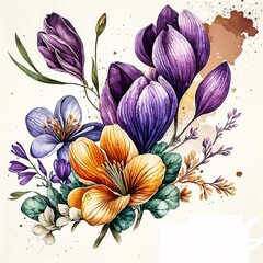 Fresh and Vibrant: Watercolor Crocuses. AI Generated