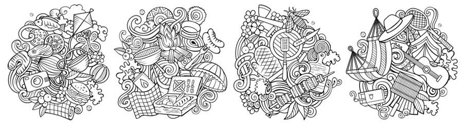 Picnic cartoon vector doodle designs set.