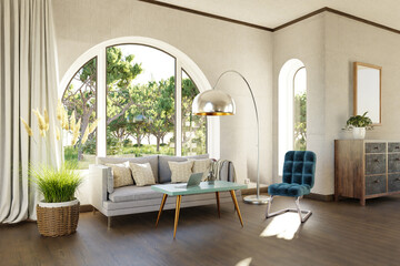 luxurious landhouse countryhouse apartment with arched window and landscape view; noble interior living room design mock up; 3D Illustration