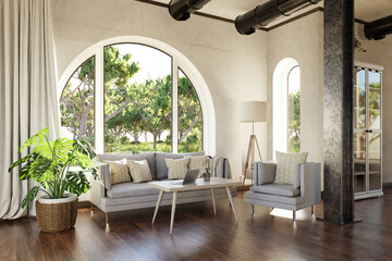 luxurious landhouse countryhouse apartment with arched window and landscape view; noble interior living room design mock up; 3D Illustration