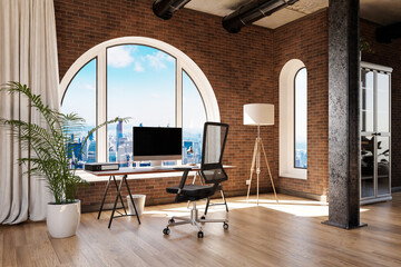 luxurious loft apartment with arched window and panoramic view over urban downtown; noble interior computer workspace with desk; 3D Illustration