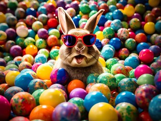 Un lapin portant des lunettes de soleil, au milieu de milliers d'œufs de Pâques. Generative AI - obrazy, fototapety, plakaty