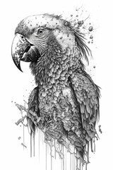 Obraz premium Macaw Ink Drawing In Splash of Inked Black and White Animal Intricate Details Artwork generative ai