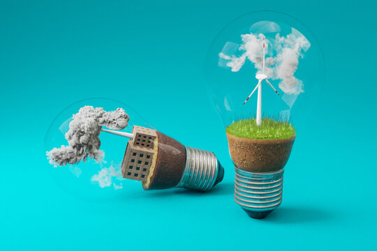 lightbulbs with minature wind turbine and coal-fired power station  inside; green soil and clouds; pollution and smoke; renewable clean energy concept; infinite background; 3D Illustration