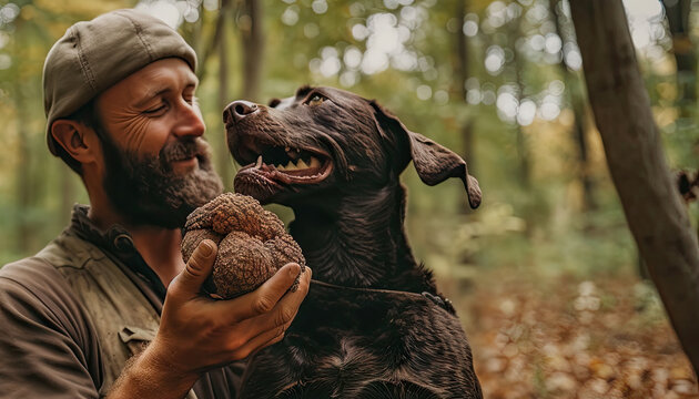 A truffle hunting poster with a man and a dog with truffles - Fictional Person, Generative AI