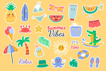 Summer cartoon kawaii stickers accessory elements set cute flat doodle style