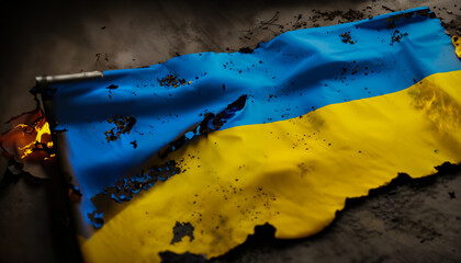 A burning / scorched Ukraine flag. It is symbolic of war and destruction. 