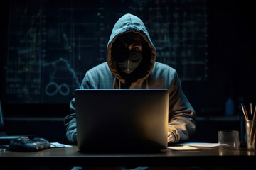 Hacking and penetration testing concept. Hooded hacker in the dark room.