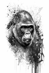 Gorilla Ink Drawing In Splash of Inked Black and White Animal Intricate Details Artwork generative ai