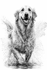 Golden Retriever Dog Ink Drawing In Splash of Inked Black and White Animal Intricate Details Artwork generative ai