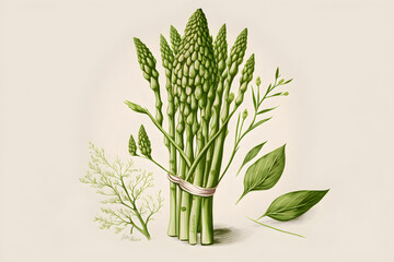 Illustration with asparagus in a bunch on beige background, Generative AI