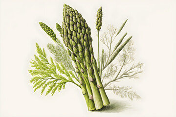 Asparagus in a bunch on beige background, illustration, Generative AI