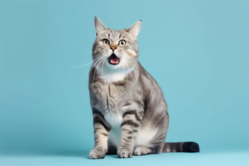 open mouth cat isolated on a blue studio background, made with generative ai