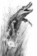 Crocodile Ink Drawing In Splash of Inked Black and White Animal Intricate Details Artwork generative ai