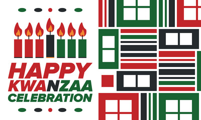 Kwanzaa Happy Celebration. African and African-American culture holiday. Seven days festival, celebrate annual from December 26 to January 1. Black history. Poster, card, banner and background. Vector
