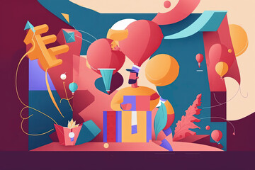 Cartoon man with big present box celebrating birthday, giving a gift, having fun at event. Concept of congratulation at anniversary, party with balloons and decoration. Illustration generative AI