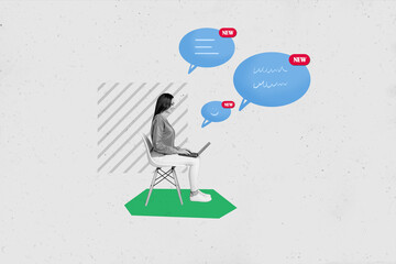 Banner poster collage of young lady using netbook receive many new letters social media network interaction concept