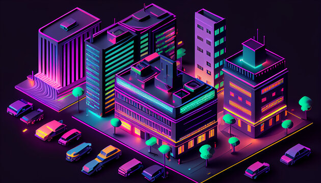 Isometric capital city buildings with  neon lighting Ai generated image