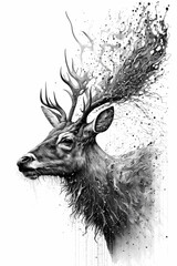 Deer Ink Drawing In Splash of Inked Black and White Animal Intricate Details Artwork generative ai