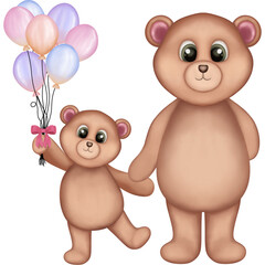 Watercolor mother teddy bear with baby holding a balloons bunches. Watercolor animal illustration.mother’s Day,birthday,wall art, etc.
