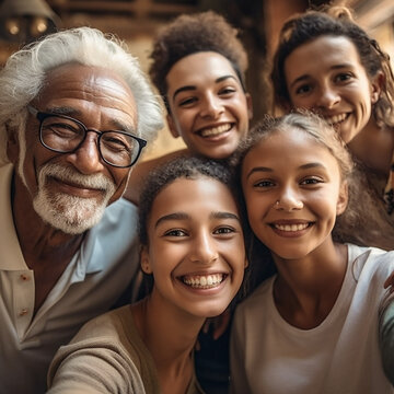 Smile, selfie and portrait of family in home for relaxing, bonding and together on weekend. Retirement, multicultural and faces of ai generated grandparents, parents and kids take picture for memory