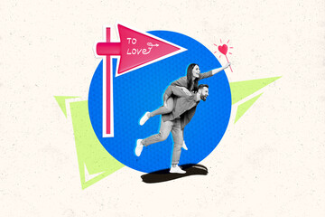 Creative template collage of married couple lady guy piggyback directing way to 14 february holiday sale discounts