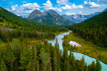 Fototapeta na wymiar Summer Landscape beautiful mountains Poperechnoye Multinskoye lake, Altai travel Aerial top view