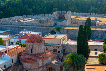 Sunrise panorama of ancient fortification at Rhodes in Greece