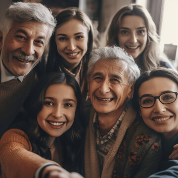 Smile, selfie and portrait of family in home for relaxing, bonding and together on weekend. Retirement, love and happy faces of ai generated grandparents, parents and kids take picture for memory