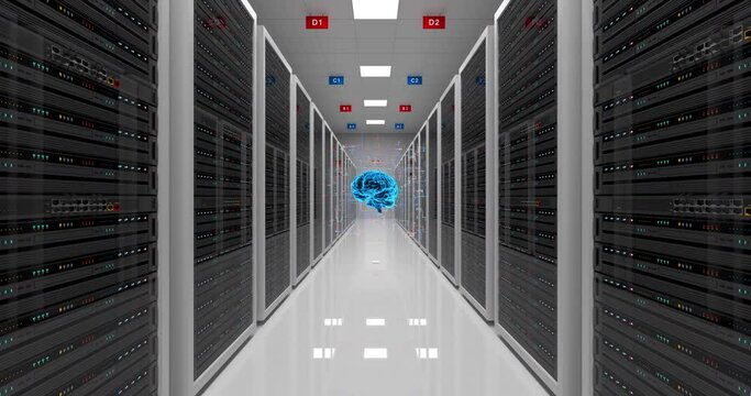 Network Server Racks In a Modern Data Center. AI Brain Analyzing. Technology Related 4K 3D Animation.