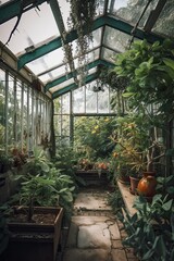 Fototapeta na wymiar A Green Haven: An Overgrown Greenhouse Conservatory Filled With Nature's Finest Plants and Trees: Generative AI
