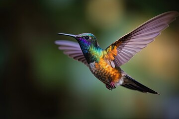 Fototapeta na wymiar A Closeup of a Colourful Hummingbird Flying Through the Air: Capturing Nature's Tiny Wildlife on the Wing: Generative AI