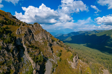 Aerial top view Summer Landscape beautiful forest mountains Altai