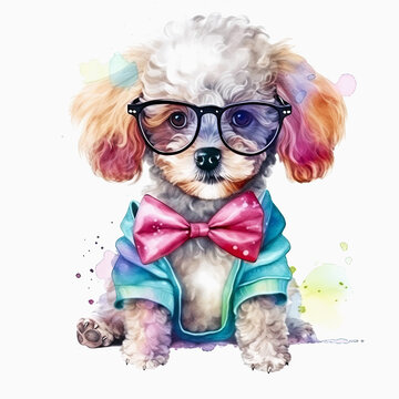 The Fashionable Pup: Poodle in Chic Headwear and Stylish Glasses. AI Generated