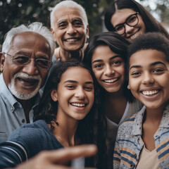 Selfie, love and family with smile, bonding in quality time with natural loving or happiness. Portrait, grandparents and children with joy on vacation with generations, happy and ai generated