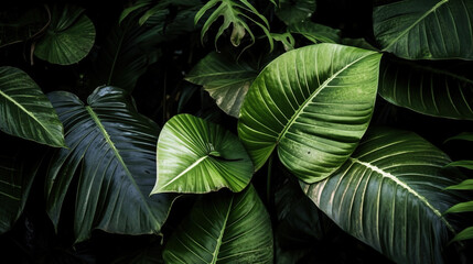 Pattern with exotic rainforest leaves, photorealistic tropical illustration for background. Generative AI