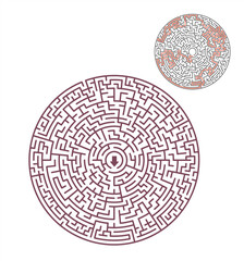Difficult circle maze. Hard round vector labyrinth.Education puzzle with search of solution. Circular isolated labirinth. A game for logic find way exit