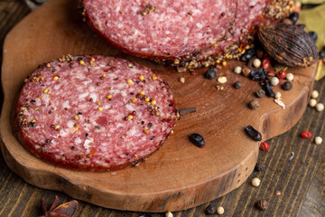 Sliced salami using pork meat with spices