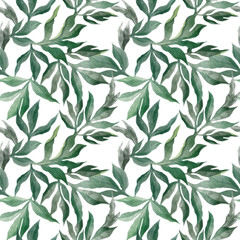 Fototapeta na wymiar A watercolor seamless pattern of red peonies with leaves and flowers.