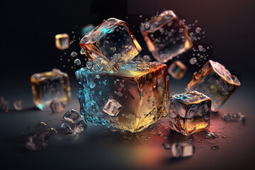 Ice cubes on black table background. Shining ice cubes. Ice artificial transparent acrylic pieces plastic reusable. Realistic 3D illustration. Creative AI