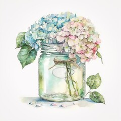 A Burst of Color for Any Room: Watercolor Hydrangeas in a Rustic Jar. AI Generated