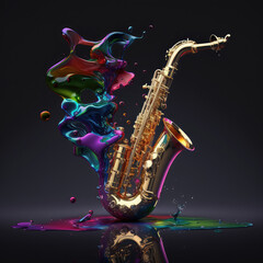 Fototapeta na wymiar Golden saxophone with fantastic multicolored musical liquid smoke. AI generative illustration.