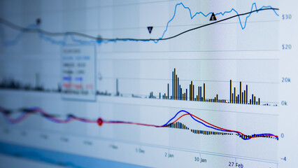 A screen with a colorful display of stock charts. Stock market real time graph