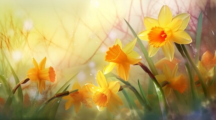 Artwork of several yellow and orange daffodils in springtime