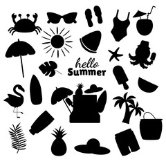 Summer silhouette  set cartoon elements flat style