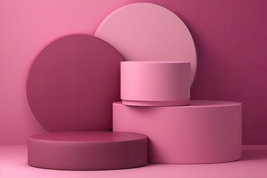 Empty podium mock up display, blank cosmetic ads stand product placement fashion ads on minimal pinki color background, pedestal mockup scene platform ai generative promotion concept.