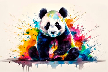 Panda with colorful splashes on white background.