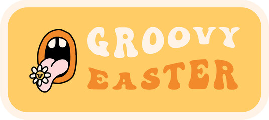 Groovy y2k retro funny easter holiday season sticker. Happy and fun floral sticker design png template. Isolated illustration on transparent background