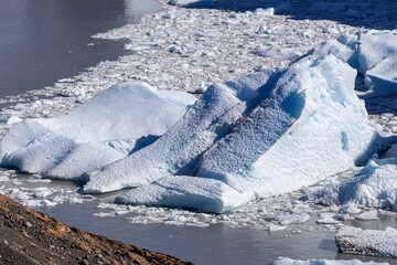 Giant Block Cracked Ice Floating in Lake. World famous Perito Moreno Glacier, Scenic Los Glaciares National Park, Unesco World Heritage Site Patagonia