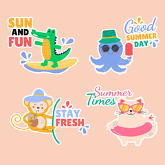 Cartoon summer cute kawaii stickers animals. Crocodile, cat, octopus, monkey